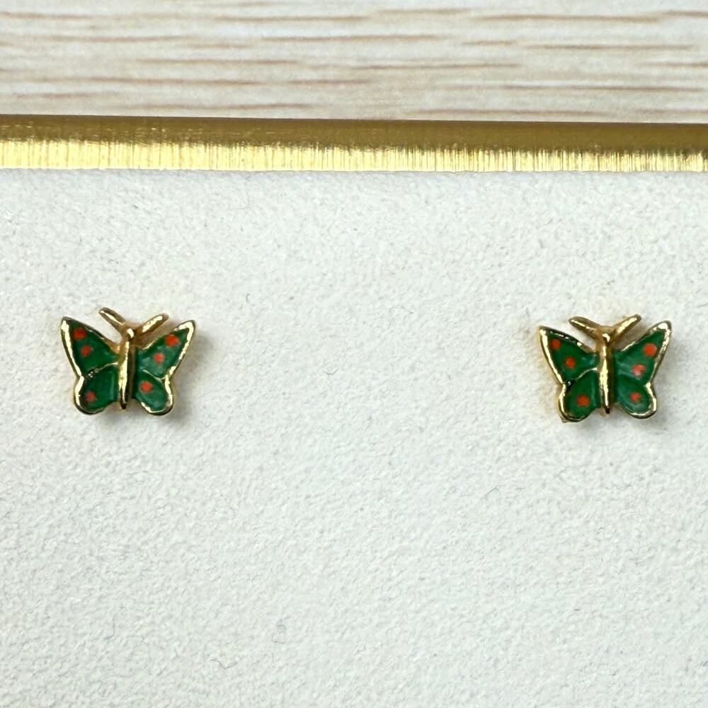 Vintage Gold Tone Green Orange Dot Tiny Butterfly Stud Earrings Whimsy Fairy Mod